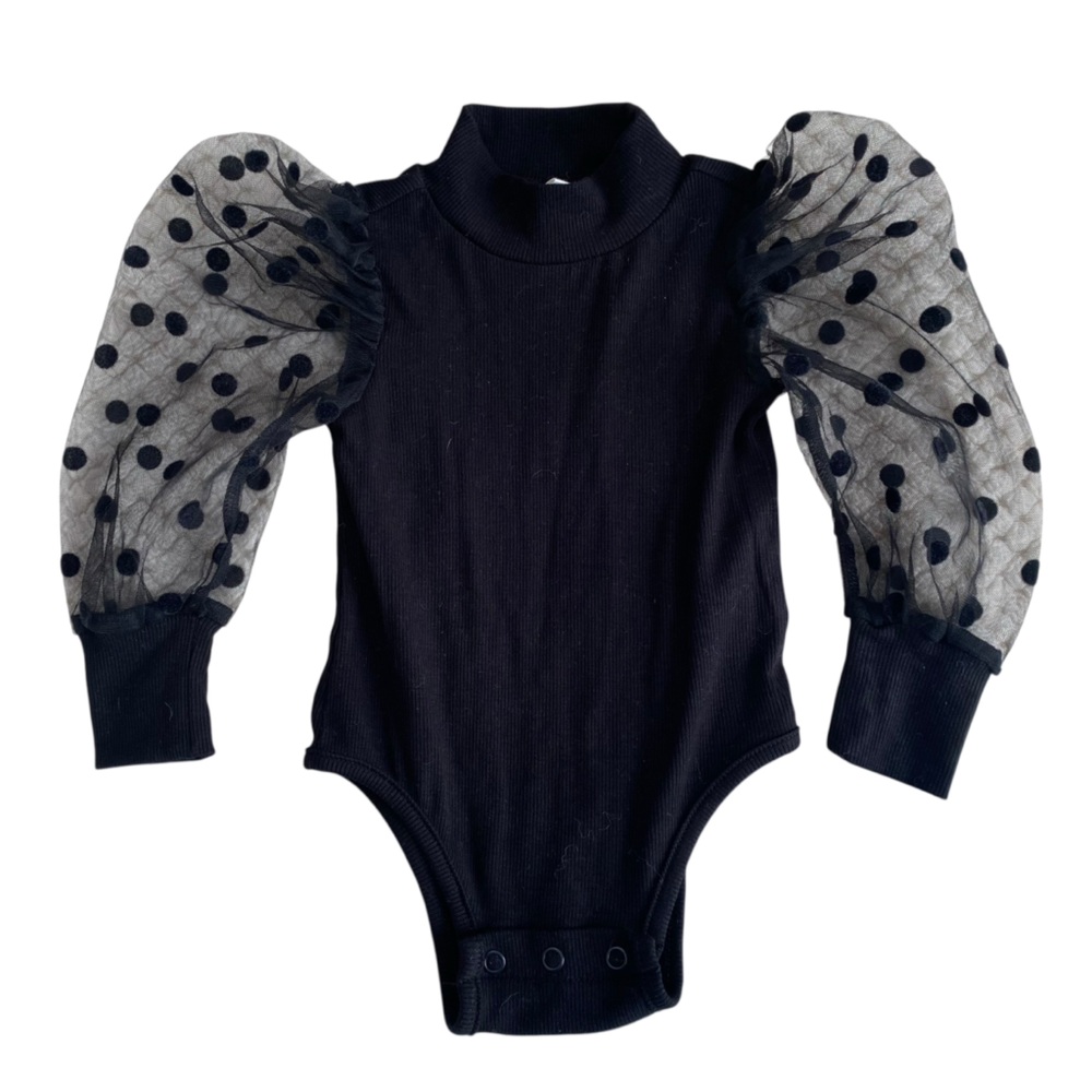 Black Ribbed Baby Bodysuit Top Sheer Polka Dot Sleeves Size 6–9 Months